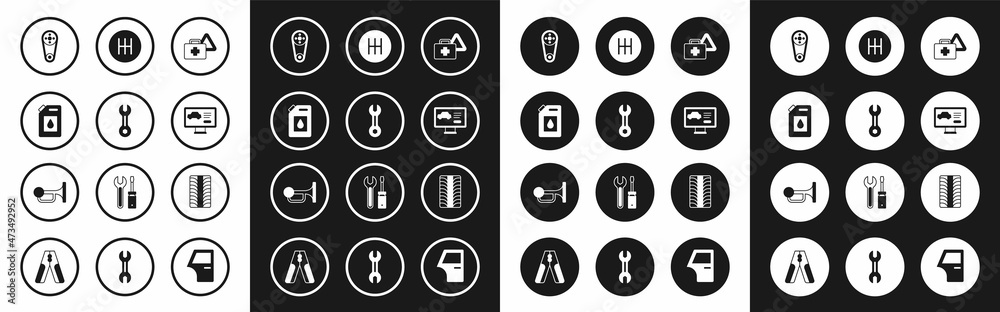 Set First aid kit and warning triangle, Wrench spanner, Canister for motor oil, Timing belt, Diagnostics condition of car, Gear shifter, Car tire wheel and Signal horn vehicle icon. Vector Set First aid kit and warning triangle, Wrench spanner, Canister for motor oil, Timing belt, Diagnostics condition of car, Gear shifter, Car tire wheel and Signal horn vehicle icon. Vector