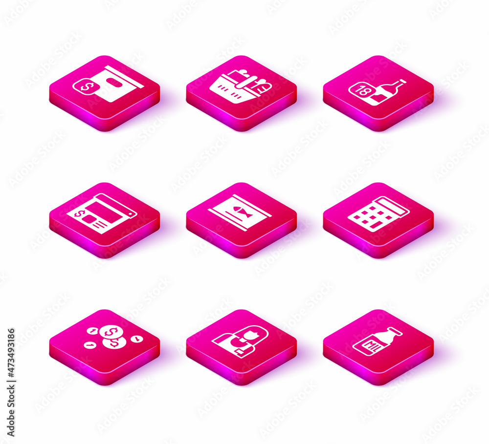 Set Coin money with dollar, Seller, Online ordering and delivery, Canned fish, Bottle milk, Calculator, Wine bottle and Shopping basket food icon. Vector Set Coin money with dollar, Seller, Online ordering and delivery, Canned fish, Bottle milk, Calculator, Wine bottle and Shopping basket food icon. Vector