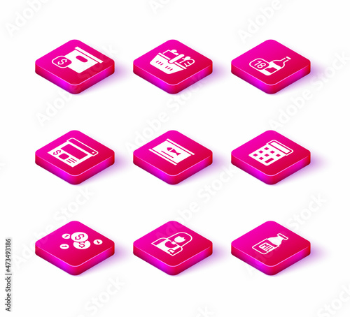 Set Coin money with dollar, Seller, Online ordering and delivery, Canned fish, Bottle milk, Calculator, Wine bottle and Shopping basket food icon. Vector