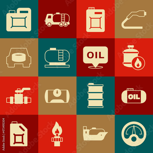 Set Motor gas gauge, Oil tank storage, Propane, Canister for motor oil, Spare wheel in the car, and Word icon. Vector