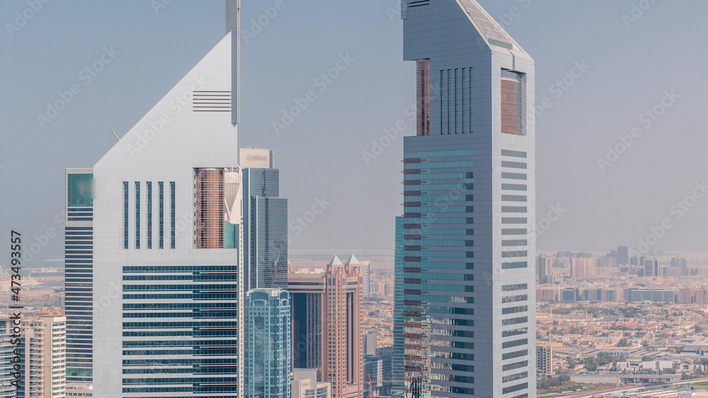 The view on Emirates Towers and Deira district aerial timelapse