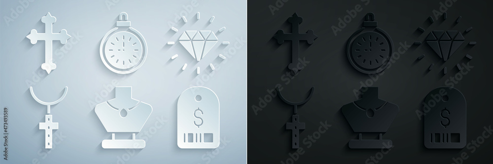 Set Necklace on mannequin, Diamond, Christian cross chain, Price tag with dollar, Pocket watch and icon. Vector