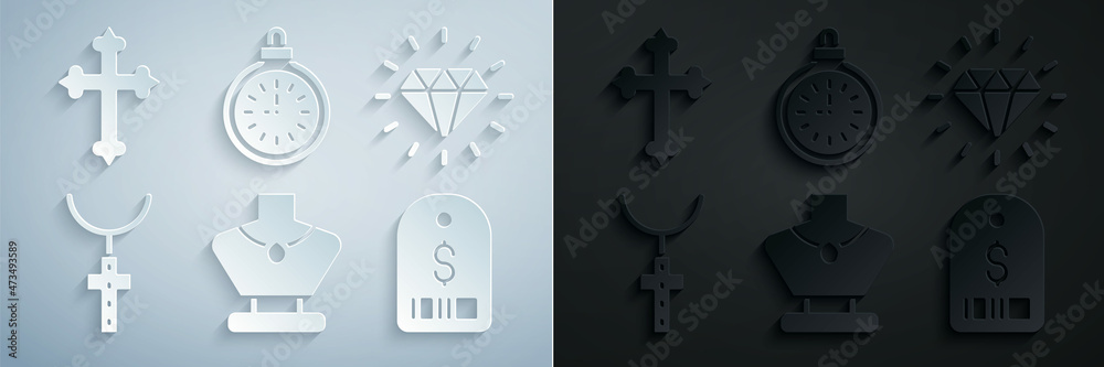 Set Necklace on mannequin, Diamond, Christian cross chain, Price tag with dollar, Pocket watch and icon. Vector Set Necklace on mannequin, Diamond, Christian cross chain, Price tag with dollar, Pocket watch and icon. Vector
