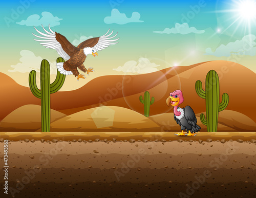 Desert landscape with eagle and vulture illustration