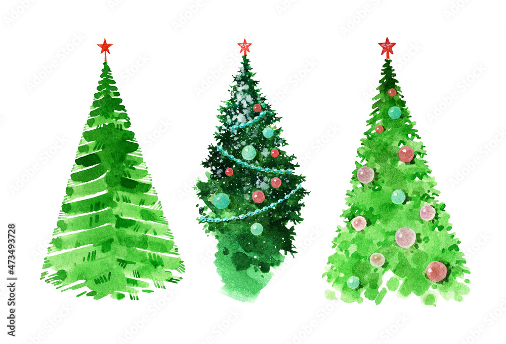 Christmas set for creating greeting cards. A set of green Christmas trees isolated on a white background. Colorful Christmas trees decorated with garlands and toys.