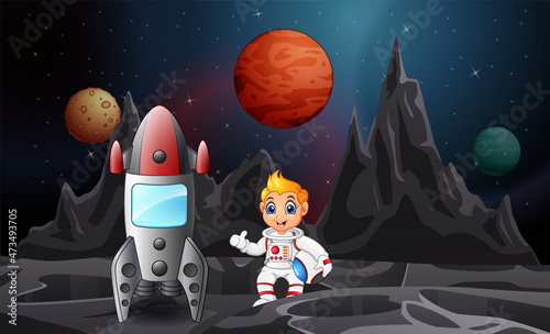 Cartoon astronauts explore outer space with rockets