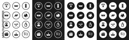 Set Clothes pin, Electric iron, Temperature wash, Garment steamer, Water spill, Bottle for cleaning agent and Laundry detergent icon. Vector