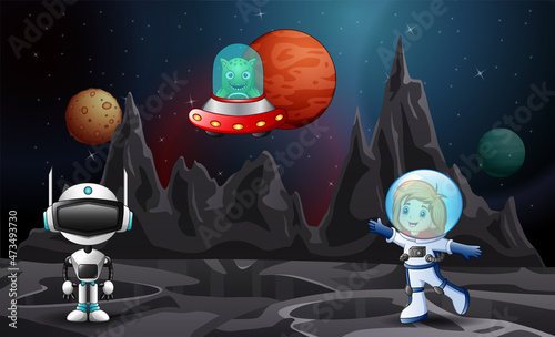 Cartoon illustration of ufo rocket and astronaut in outer space
