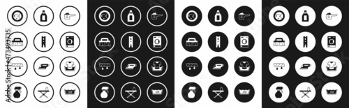 Set Washing powder, Clothes pin, Brush for cleaning, Washer, Bottle agent, Basin with shirt and Squeeze clothes icon. Vector