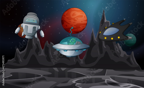 Ufo and spaceship flying in cosmos between planets
