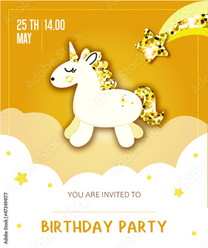 Postcard with a unicorn. Child s birthday invitation. Cute unicorn in sequins