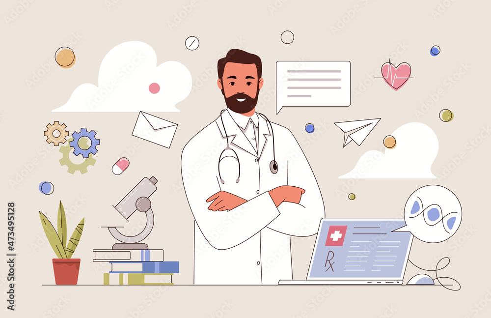 General practitioner in office with microscope, computer and books on table. Doctor sends patient test results, prescription, recommendations by e-mail. Vector flat cartoon illustration.