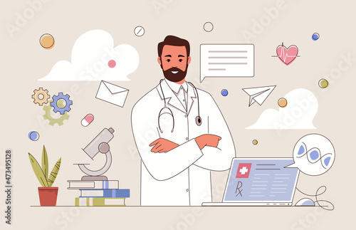 General practitioner in office with microscope, computer and books on table. Doctor sends patient test results, prescription, recommendations by e-mail. Vector flat cartoon illustration.