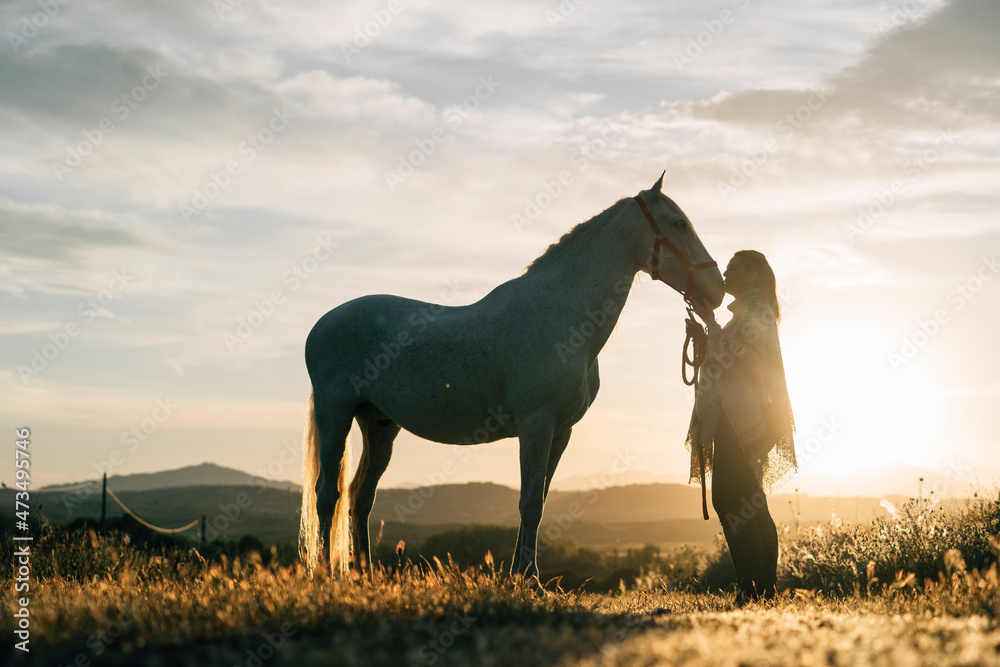 Woman kissing horse while standing on field during sunset Woman kissing horse while standing on field during sunset