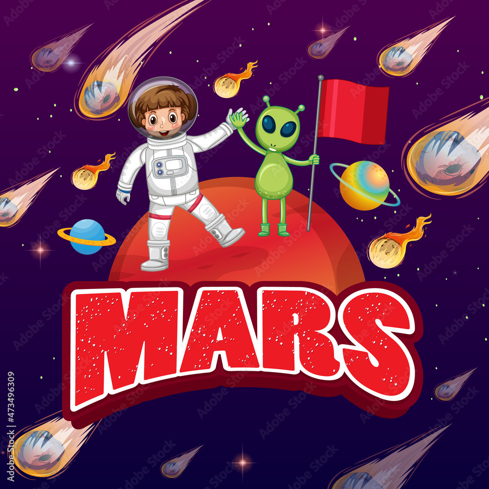 Astronaut kid and alien on planet cartoon poster Stock Vector | Adobe Stock
