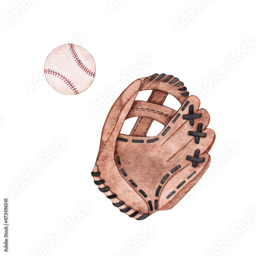 Canvas Print Watercolor drawing baseball glove and ball isolated on white background