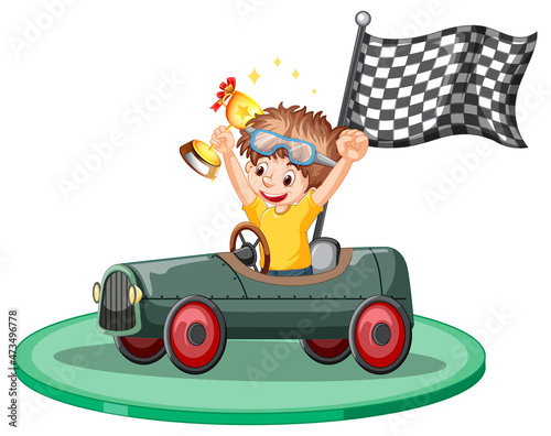 Winner boy holding trophy in the race car