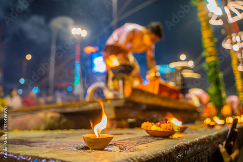 Ganga aarti ceremony rituals were performed by Hindu priests at Dashashwamedh Ghat and Assi Ghat in Varanasi Uttar Pradesh India