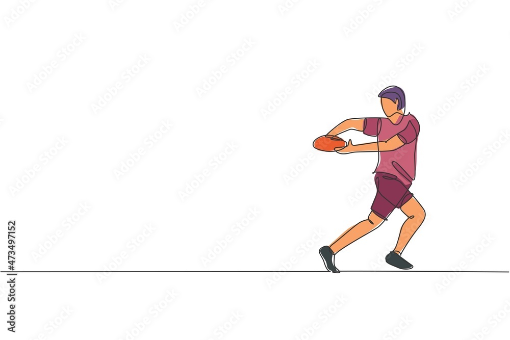Obraz premium One continuous line drawing of young male rugby player catch the ball. Competitive aggressive sport concept. Dynamic single line draw design vector illustration for rugby tournament promotion media