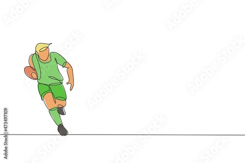 Single continuous line drawing of young agile rugby player running to avoid rival. Competitive sport concept. Trendy one line draw design vector illustration for rugby tournament promotion media
