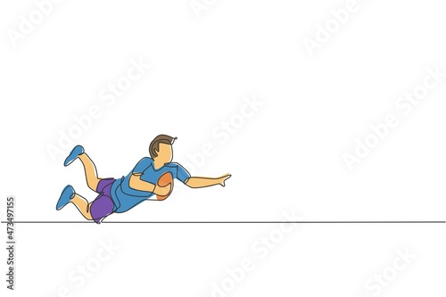 Single continuous line drawing of young agile rugby player jumping to catch the ball. Competitive sport concept. Trendy one line draw design vector illustration for rugby tournament promotion media