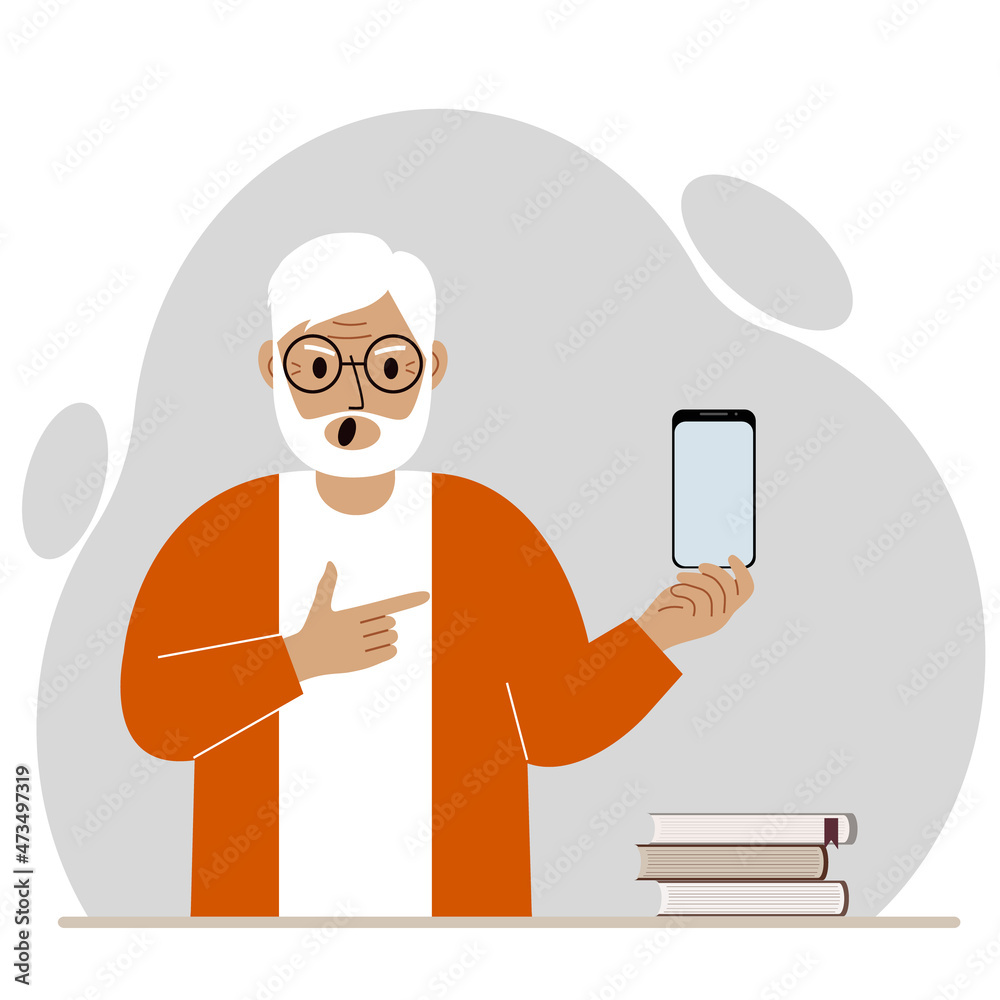 A screaming grandfather holds a mobile phone in one hand and points at it with the index finger of his other hand.