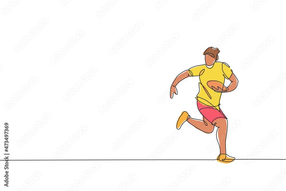 Single continuous line drawing of young agile rugby player running and holding the ball. Competitive sport concept. Trendy one line draw design vector illustration for rugby tournament promotion media