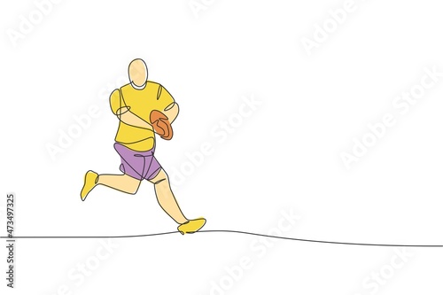 One continuous line drawing of young strong male rugby player catch the ball. Competitive aggressive sport concept. Dynamic single line draw design vector illustration for tournament promotion poster
