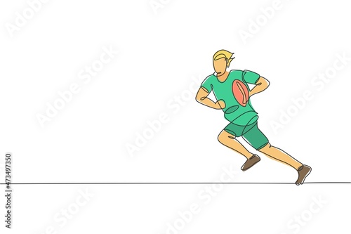 One single line drawing of young energetic male rugby player running and holding the ball vector illustration. Healthy sport concept. Modern continuous line draw design for rugby tournament banner