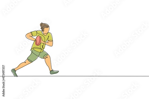 One continuous line drawing of young man rugby player training and exercising. Competitive aggressive sport concept. Dynamic single line draw design vector illustration for tournament promotion poster