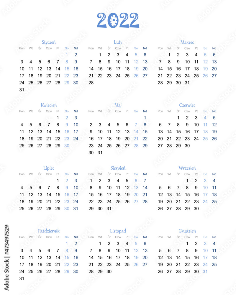 Calendar for 2022 year with polish characters blue
