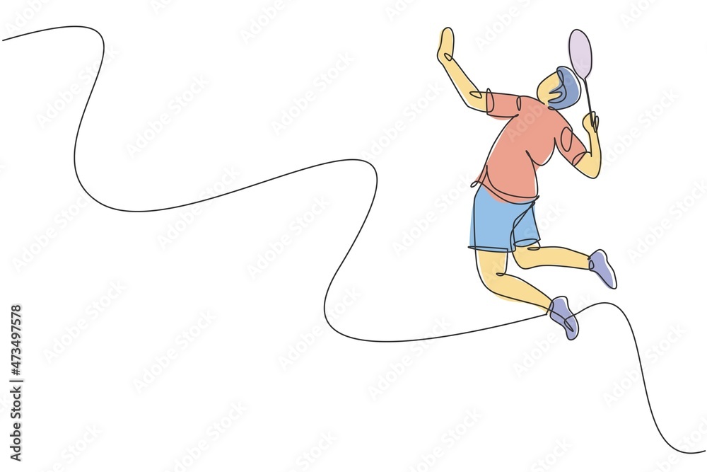 Single continuous line drawing of young agile badminton player jump hit shuttlecock. Sport training concept. Trendy one line draw design vector illustration for badminton tournament publication media