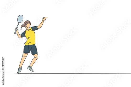 One single line drawing young energetic badminton player ready to hit shuttlecock vector graphic illustration. Healthy sport concept. Modern continuous line draw design for badminton tournament poster © Simple Line