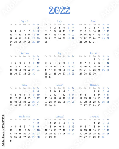 Calendar for 2022 year with polish characters blue