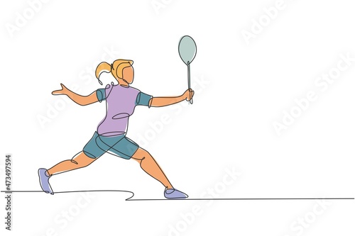 One single line drawing of young energetic badminton player defense to take opponent hit vector illustration. Healthy sport concept. Modern continuous line draw design for badminton tournament poster