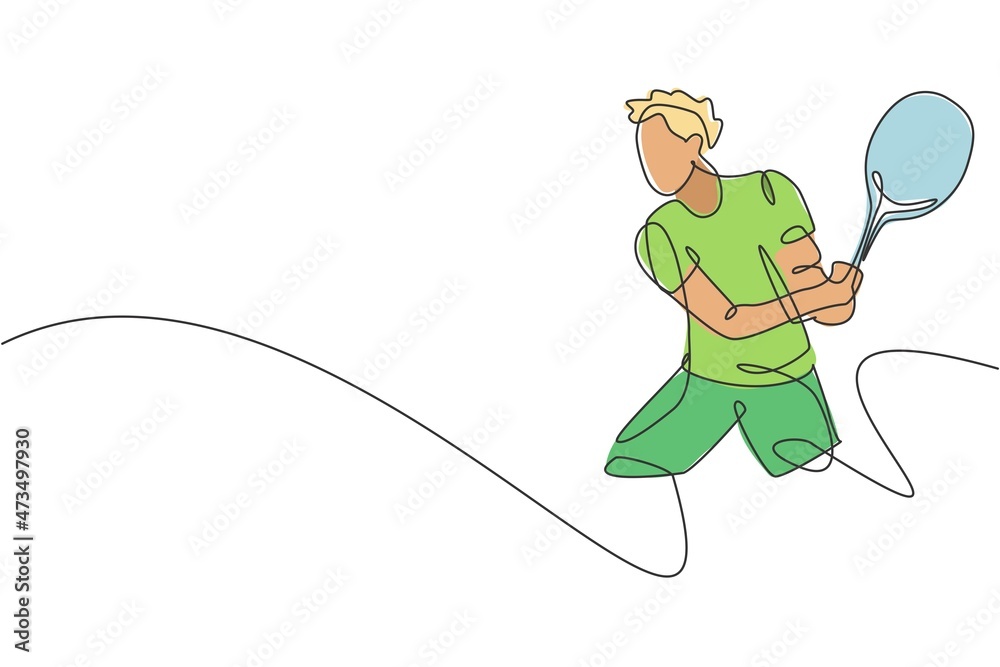 Single continuous line drawing of young agile tennis player hit the ball from opponent. Sport exercise concept. Trendy one line draw design vector illustration for tennis tournament promotion media Single continuous line drawing of young agile tennis player hit the ball from opponent. Sport exercise concept. Trendy one line draw design vector illustration for tennis tournament promotion media