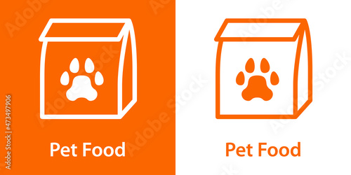 Logotipo con texto Pet Food con zarpa de gato o perro en bolsa de papel con líneas en fondo naranja y fondo blanco