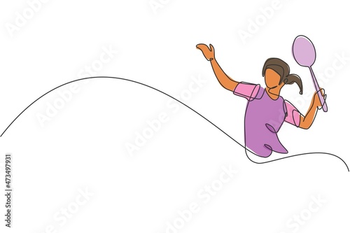 One single line drawing of young energetic badminton player jumping and smash shuttlecock vector illustration. Healthy sport concept. Modern continuous line draw design for badminton tournament poster