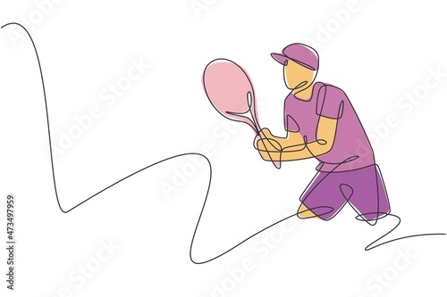 One continuous line drawing of young male tennis player concentrating to wait ball from opponent. Competitive sport concept. Dynamic single line draw design vector illustration for tournament poster