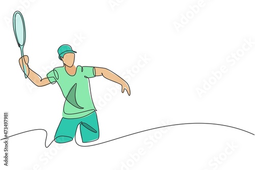 One single line drawing of young energetic male tennis player hit the ball from opponent vector illustration. Sport training concept. Modern continuous line draw design for tennis tournament banner
