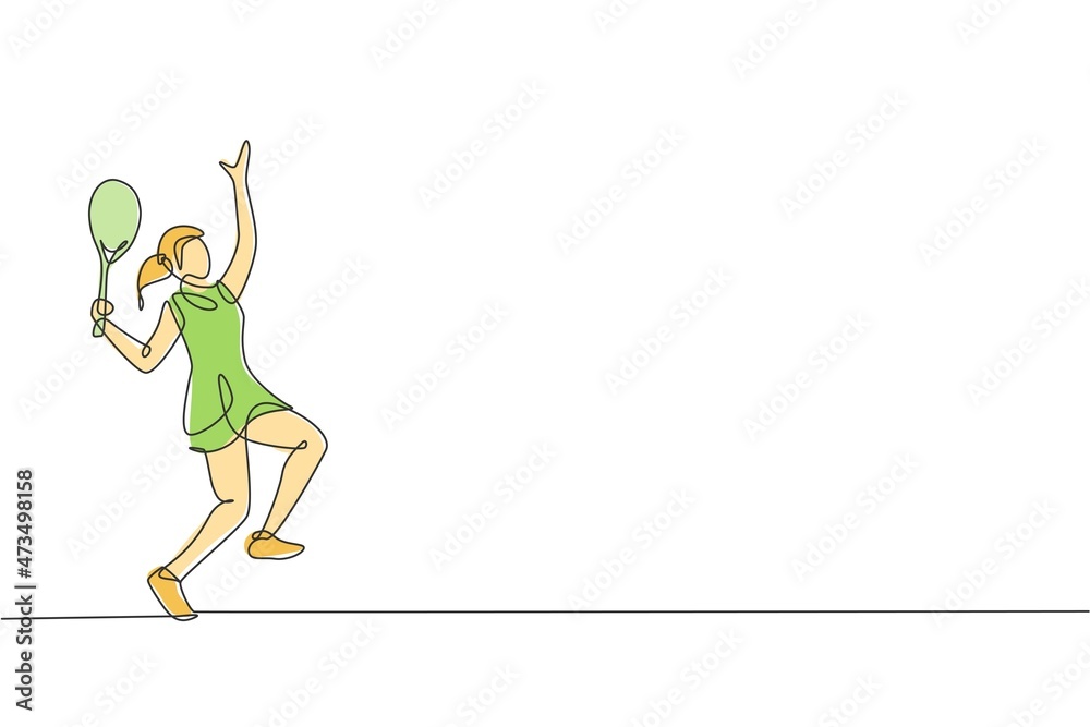 One single line drawing of young energetic female tennis player hit the ball vector illustration. Sport training concept. Modern continuous line draw design for tennis tournament banner and poster One single line drawing of young energetic female tennis player hit the ball vector illustration. Sport training concept. Modern continuous line draw design for tennis tournament banner and poster