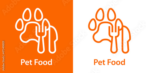 Logotipo con texto Pet Food con zarpa de gato o perro con tenedor y cuchillo con líneas en fondo naranja y fondo blanco
