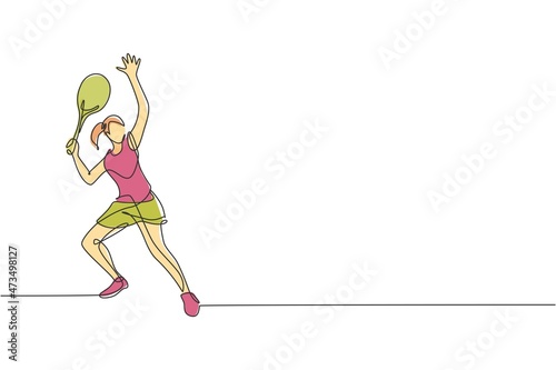 One single line drawing of young energetic female tennis player hit the ball vector illustration. Sport training concept. Modern continuous line draw design for tennis tournament banner and poster