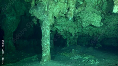 Diving inside cave system Cenote Carwash in Yucatan Mexico with rock formation photo