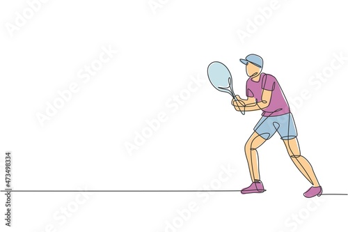Single continuous line drawing of young agile tennis player concentrate to hit the ball. Sport exercise concept. Trendy one line draw design vector illustration for tennis tournament promotion media © Simple Line
