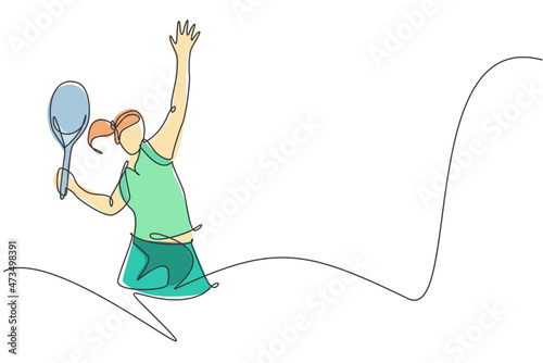 One single line drawing young energetic woman tennis player hit the ball graphic vector illustration. Sport training concept. Modern continuous line draw design for tennis tournament banner and poster