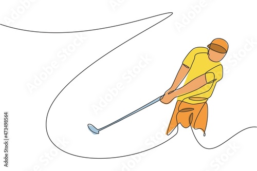 One continuous line drawing of young golf player swing golf club and hit the ball. Leisure sport concept. Dynamic single line draw design vector illustration graphic for tournament promotion media