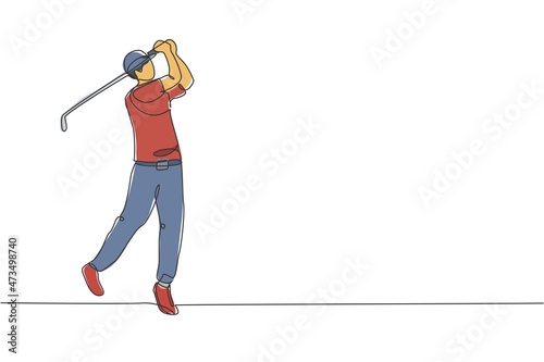 One single line drawing of young sporty golf player hit the ball using golf club graphic vector illustration. Healthy sport concept. Modern continuous line draw design for golf tournament poster
