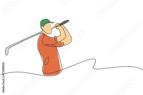One continuous line drawing of young golf player swing golf club and hit the ball. Leisure sport concept. Dynamic single line draw design graphic vector illustration for tournament promotion media
