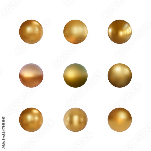 Set of gold sphere isolated on white background. Collection of golden bubble. Vector illustration